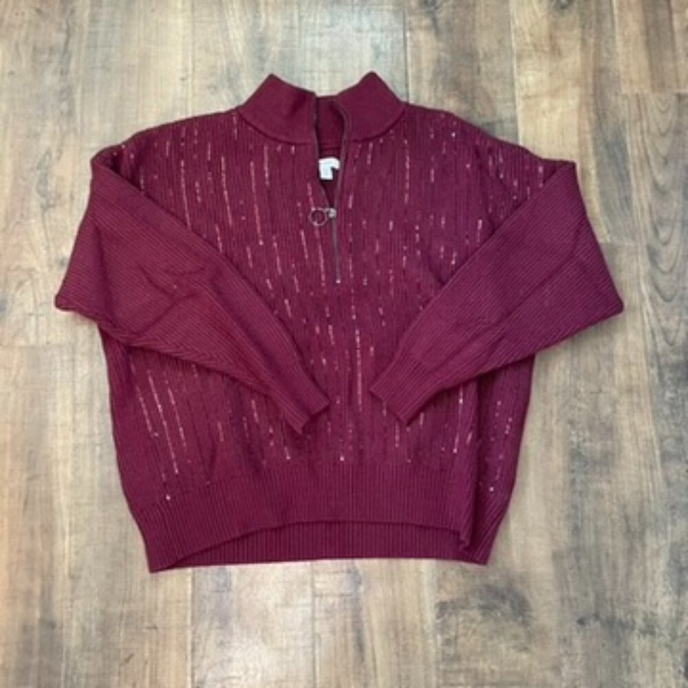 Nine West XXL Maroon Sequin‎ Half Zip Sweater Ribbed Knit Zip Front Sparkle